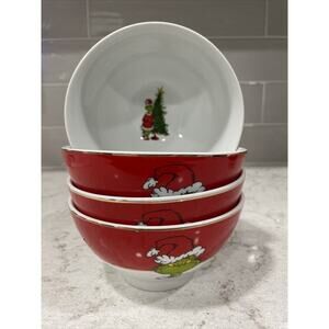 Set of 4 GRINCH TREE RED 5.5” Bowls Gold Rim Christmas Ceramic Salad Cereal NEW